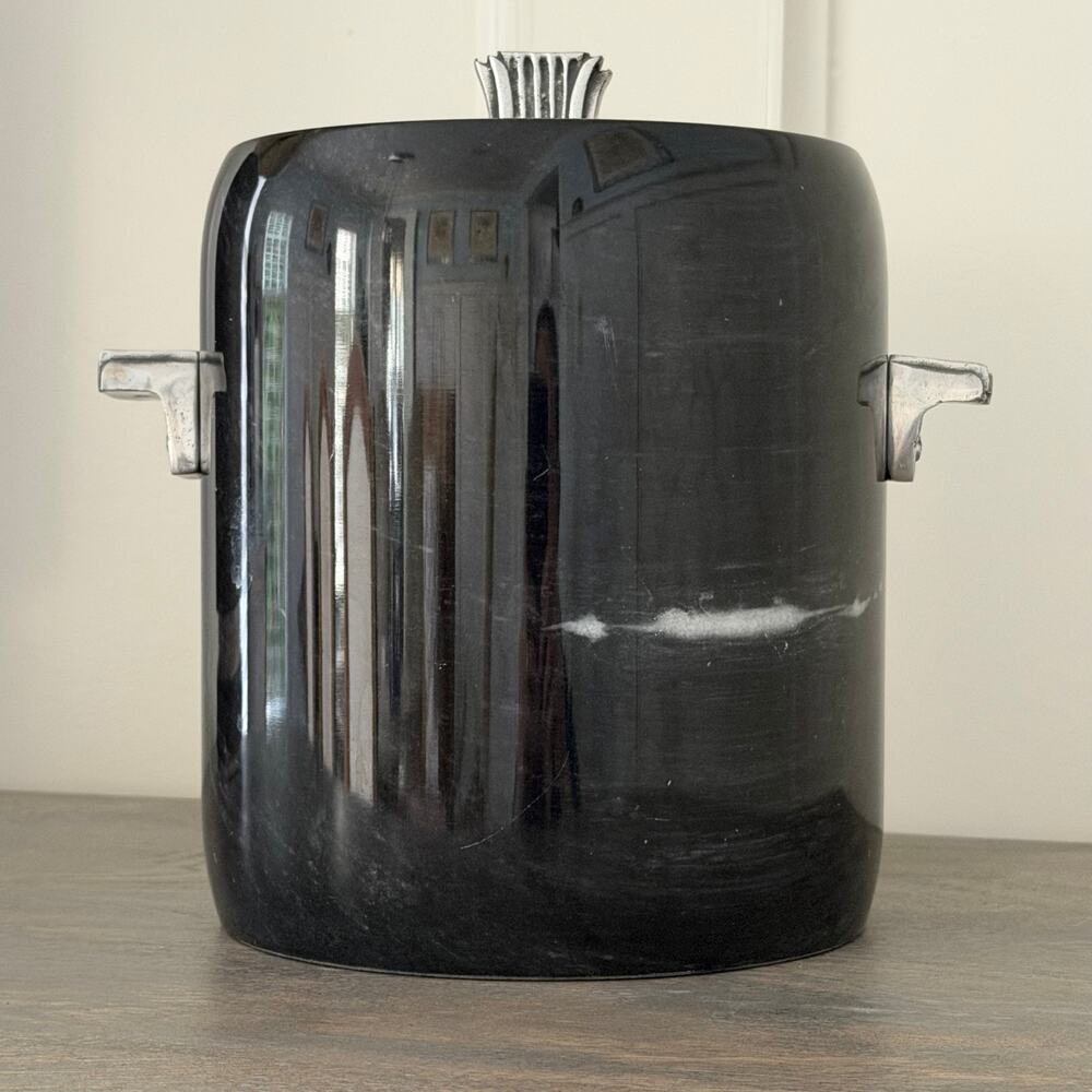 Georges Briard Black Marble Ice Bucket w Lid Silver Handles MCM Mid Century VGUC